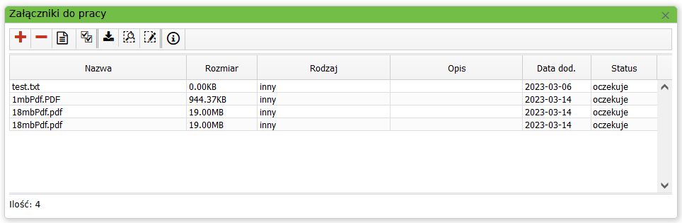 Widok okna z wylistowanymi załącznikami do pracy