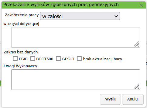 Widok okna wyboru formy zakończenia pracy