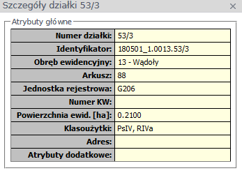 Widok okna szczegółów działki